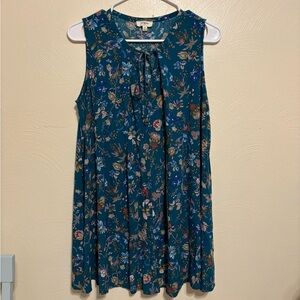 Umgee Teal Floral Sleeveless Boho Tunic Top Tie Neck Size M
